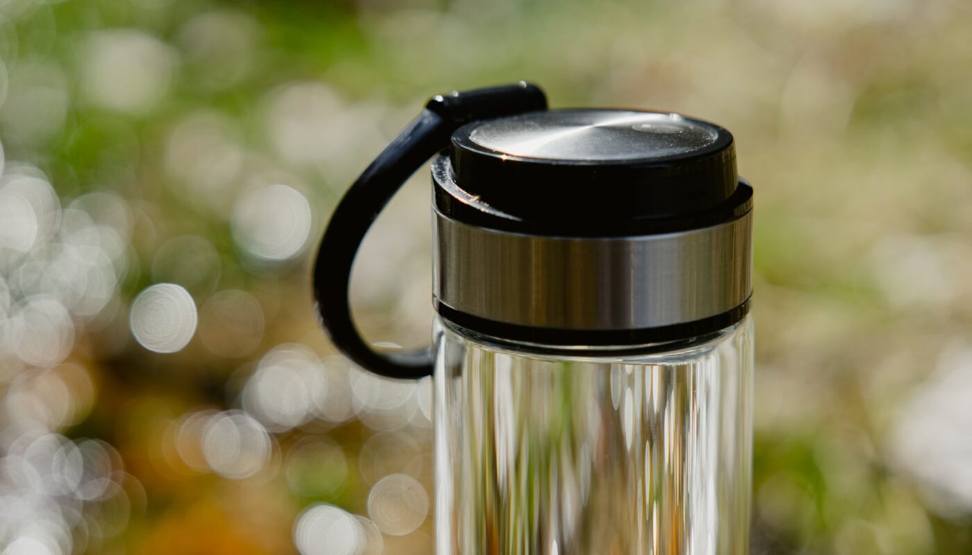 a close up of a water bottle on a table